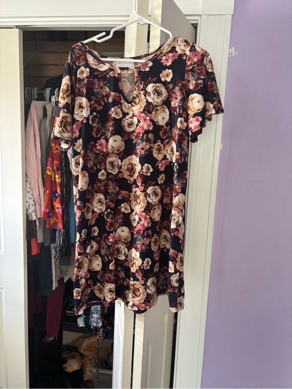 Floral Short Sleeve Dress - Blue with Blush Roses